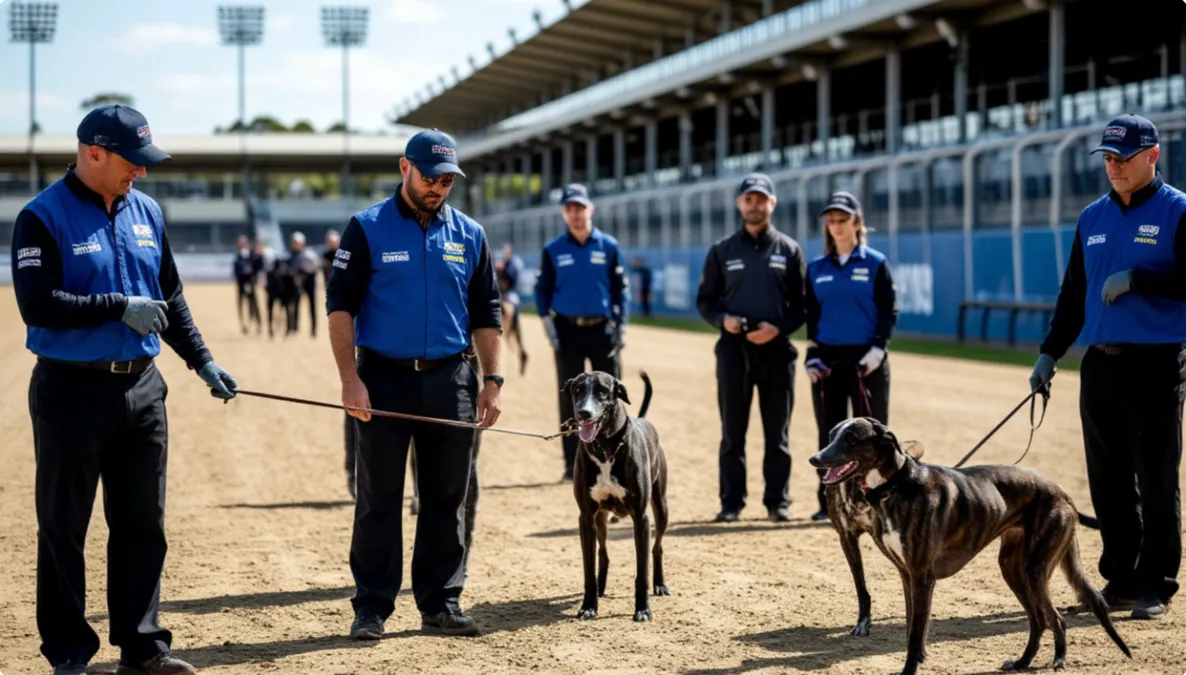 Zona de paddock de Shelbourne Park donde los entrenadores preparan a sus galgos