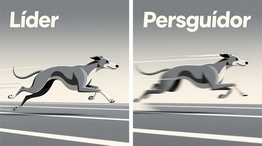 Comparativa de estilos de carrera de galgos: líder que rompe adelante versus perseguidor que remonta
