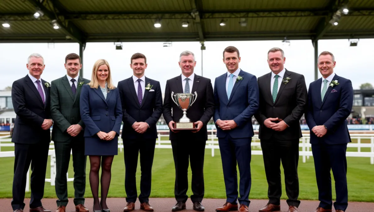 Ceremonia de premiación del Irish Greyhound Derby con el trofeo y los ganadores