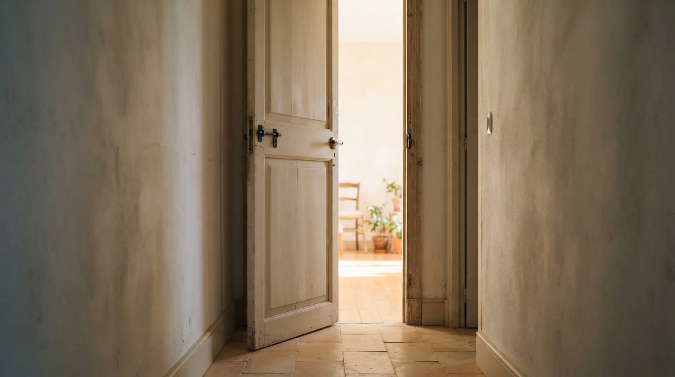 Puerta entreabierta con luz tenue que separa dos espacios en tonos neutros