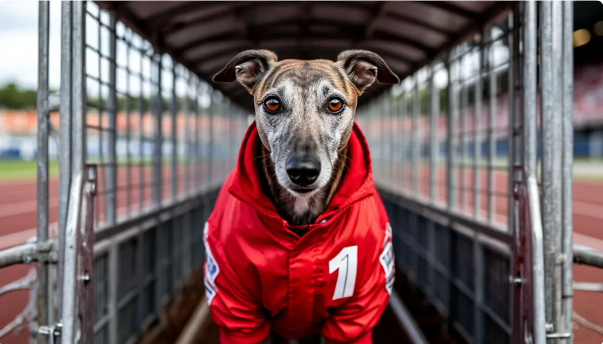 Galgo con chaleco rojo preparándose en la trampa de salida