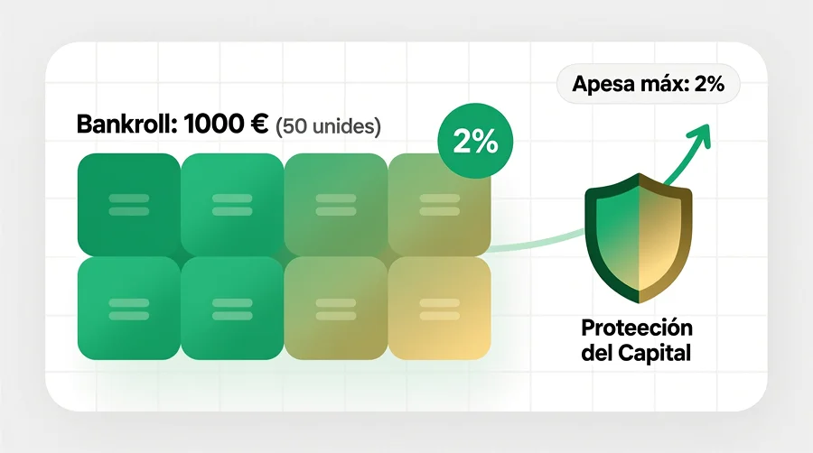 Diagrama de gestión del bankroll para apuestas de galgos mostrando stake del 2% máximo por apuesta