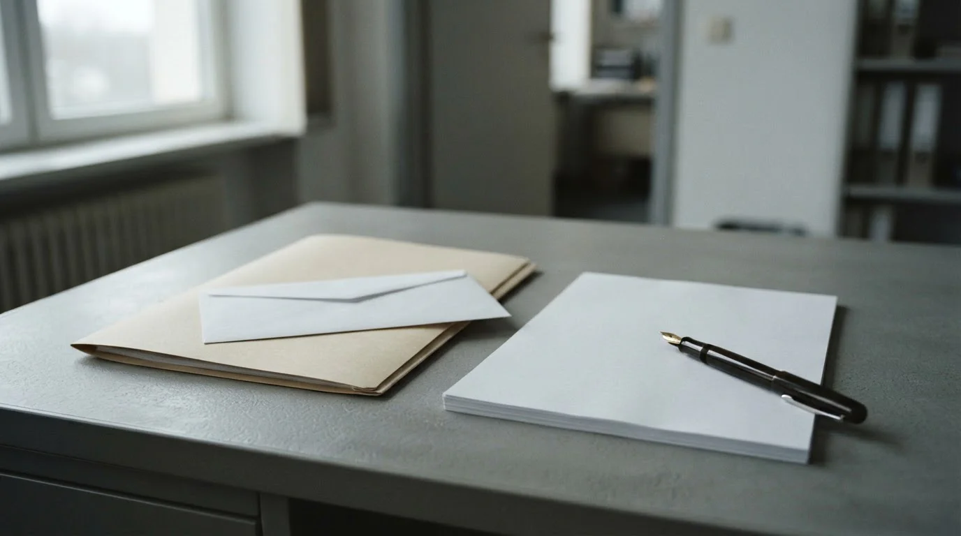Carpeta administrativa y sobre cerrado sobre una mesa serena junto a una ventana