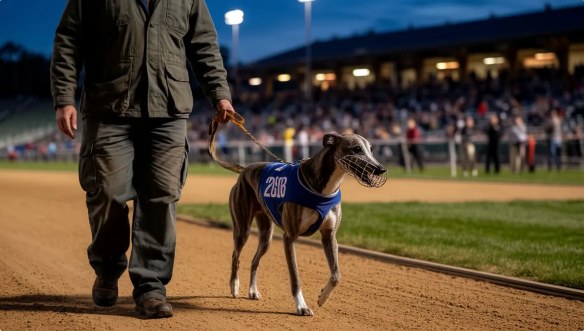 Handler guiando a un galgo durante el desfile previo a una carrera