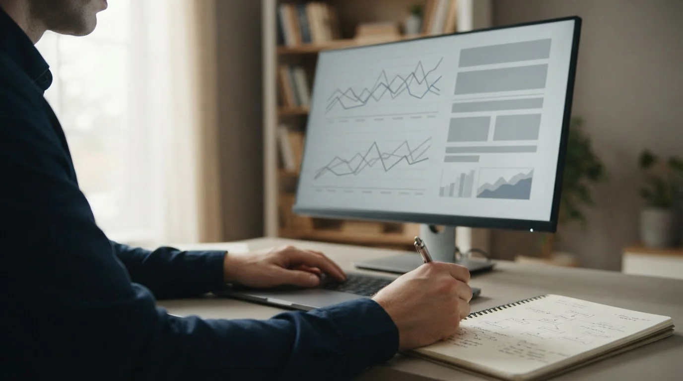 Analista revisando paneles abstractos de datos y modelos en una pantalla neutra