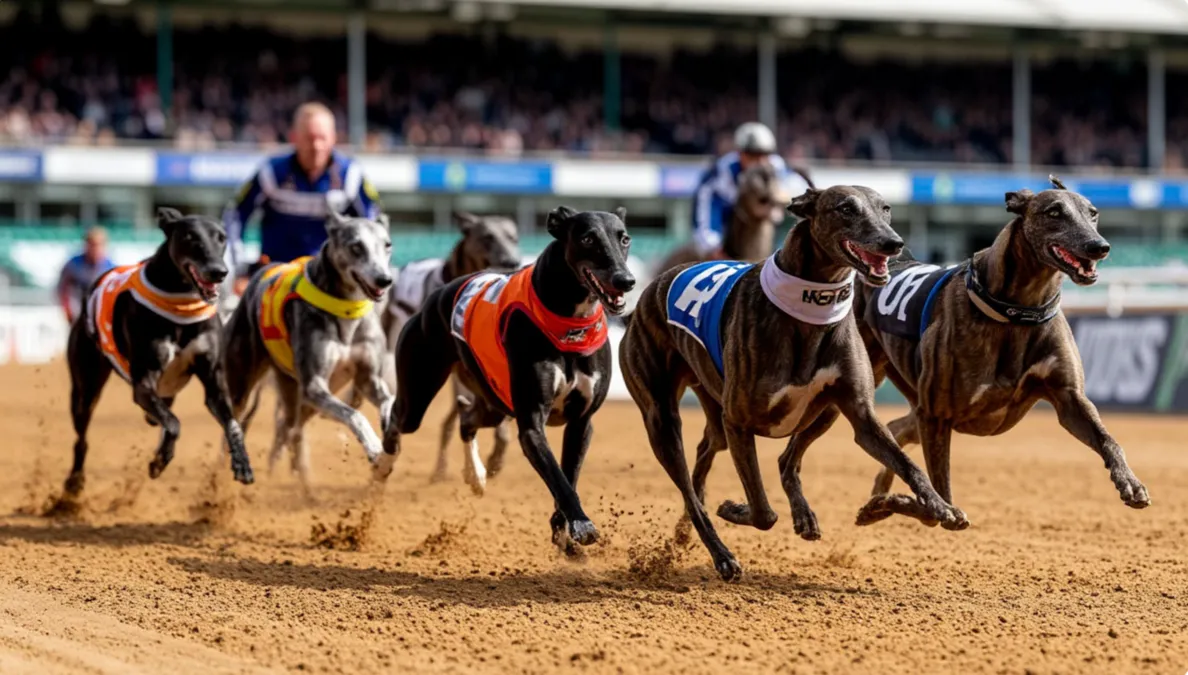 Galgos compitiendo en la final del Irish Greyhound Derby en Shelbourne Park