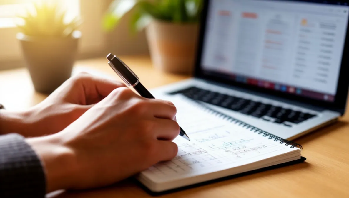 Manos escribiendo notas de planificación en un cuaderno junto a un ordenador