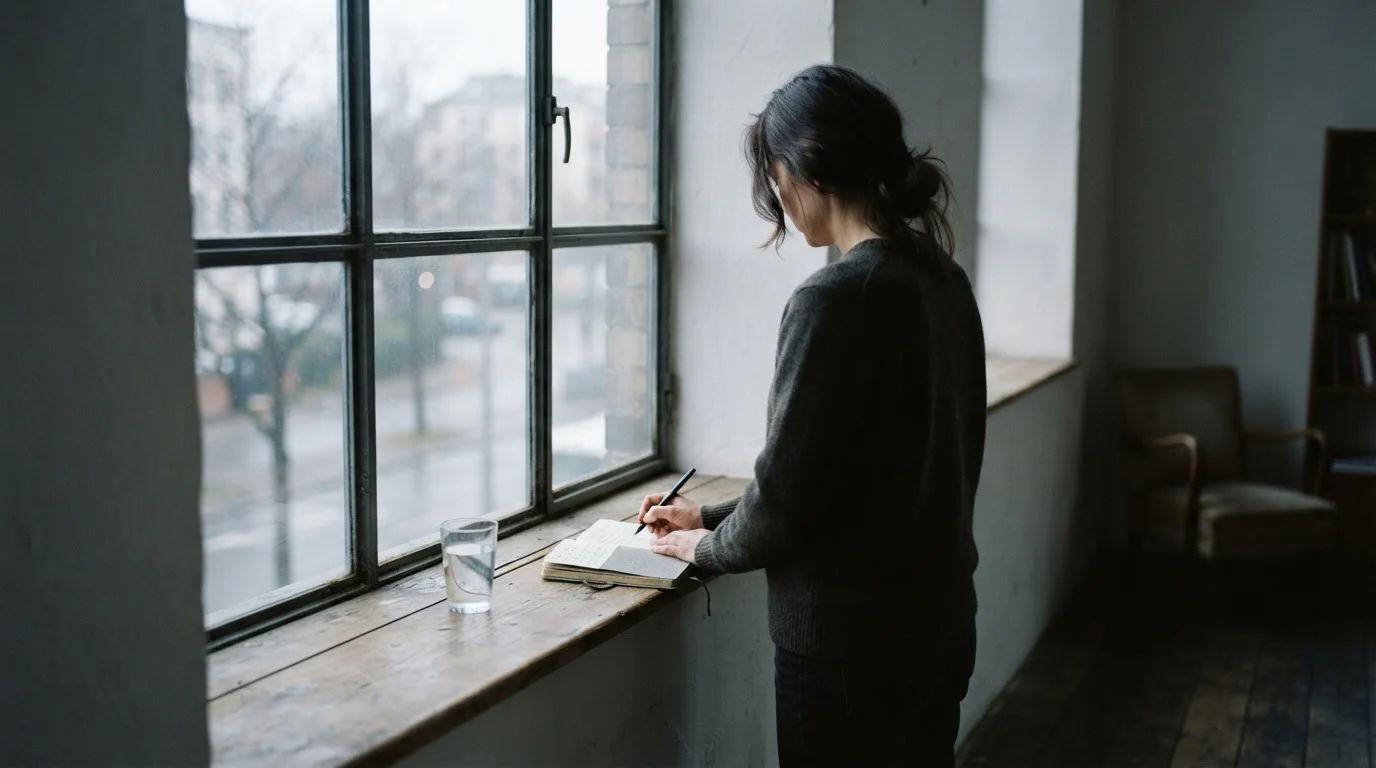 Silueta de una persona junto a una ventana anotando un límite en un cuaderno