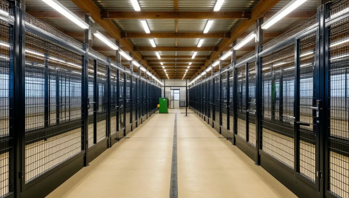 Instalaciones profesionales de entrenamiento de galgos con boxes y áreas de ejercicio