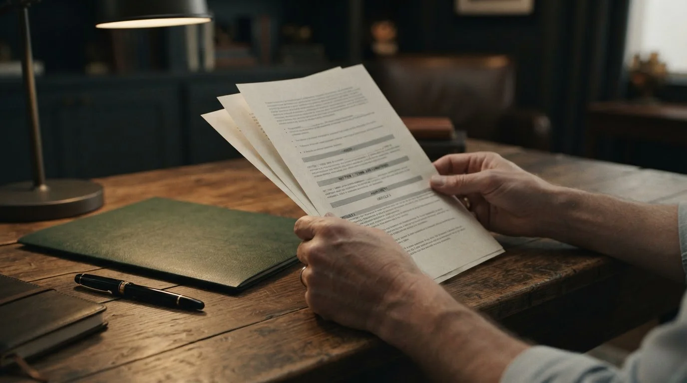 Manos leyendo un documento legal impreso junto a una lámpara de escritorio