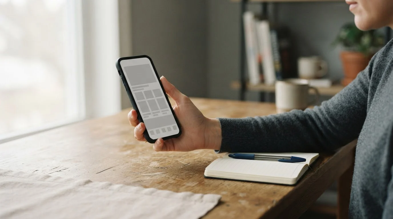 Mano sostiene un smartphone con pantalla gris neutra junto a una libreta