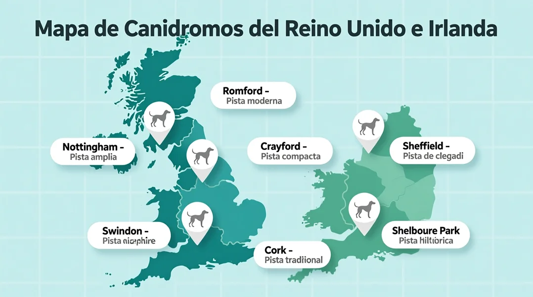 Mapa de los principales canódromos de Reino Unido e Irlanda para apuestas de galgos con estadísticas clave