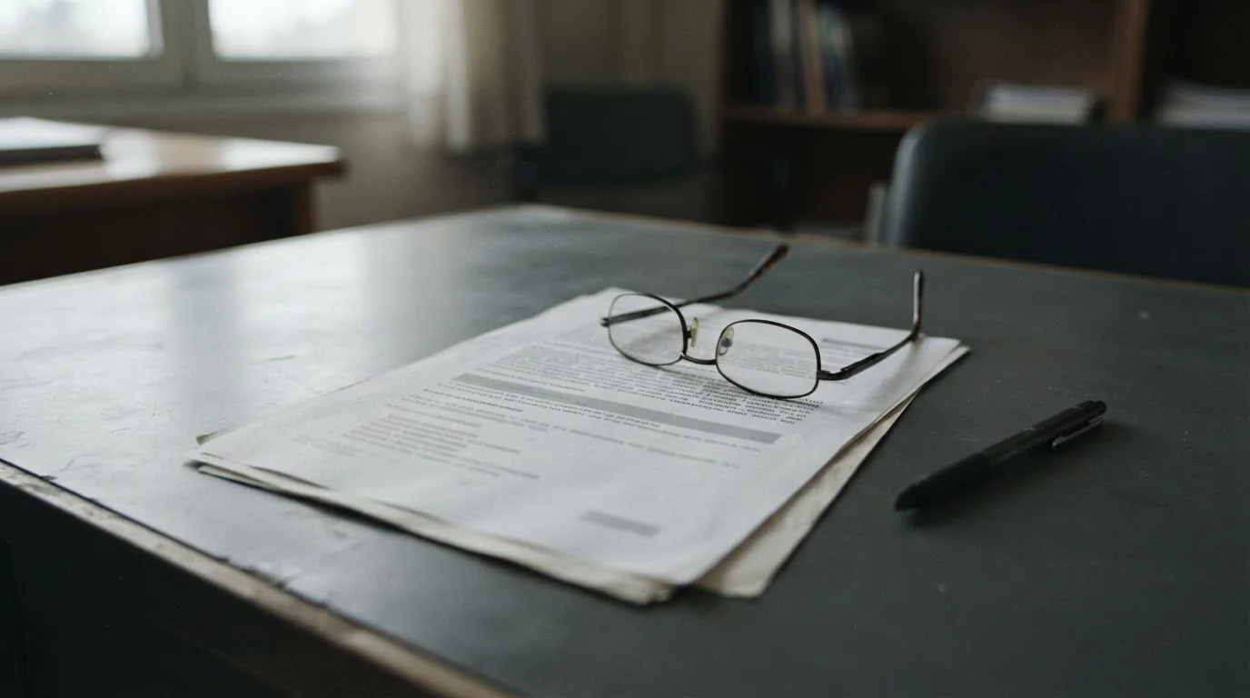 Documento legal impreso sobre una mesa con gafas de lectura y bolígrafo