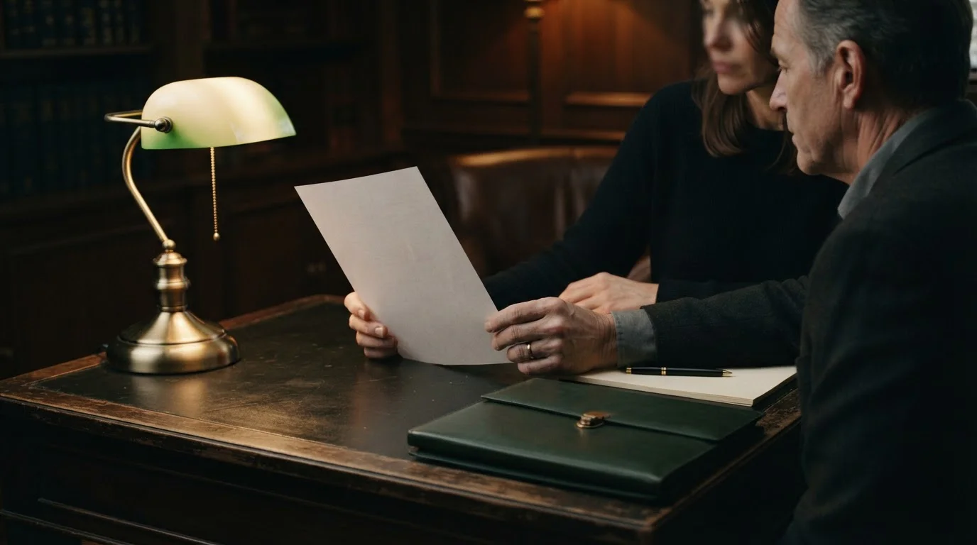 Manos revisando un documento junto a una lámpara de escritorio