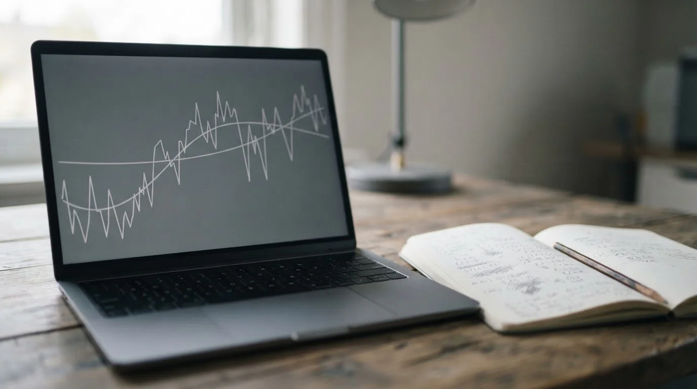 Pantalla con dos curvas grises superpuestas sobre una libreta de cálculos