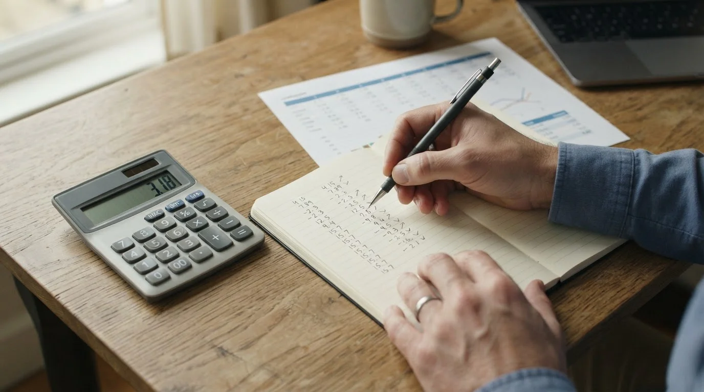 Manos anotando cálculos en un cuaderno junto a una calculadora sencilla