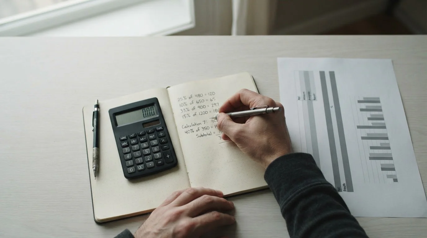 Manos anotando cálculos junto a una calculadora sobre una hoja con columnas