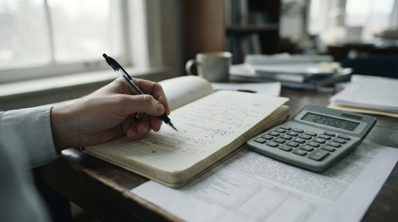 Mano escribiendo cálculos a mano junto a una calculadora y un cuaderno