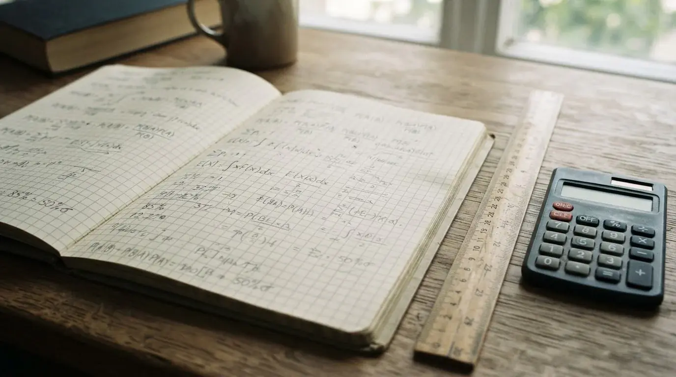 Cuaderno con ecuaciones y cálculos a lápiz sobre una mesa iluminada