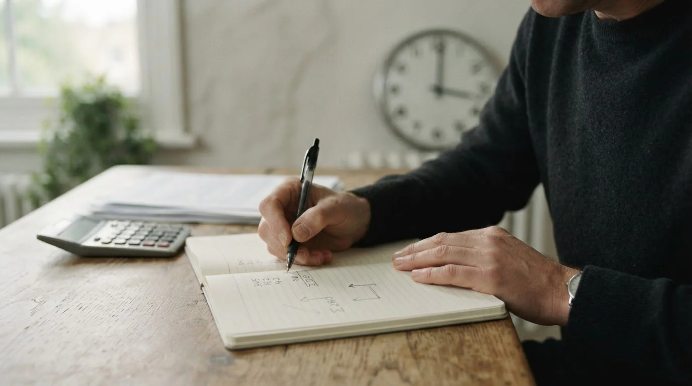 Manos anotando cálculos sobre un cuaderno junto a un reloj y una calculadora