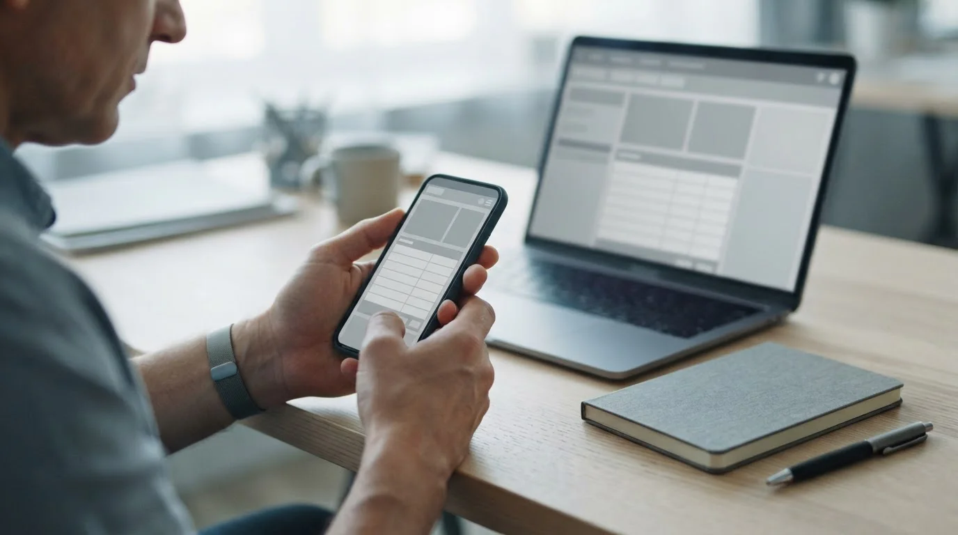 Manos usando un teléfono móvil junto a un portátil con interfaz neutra