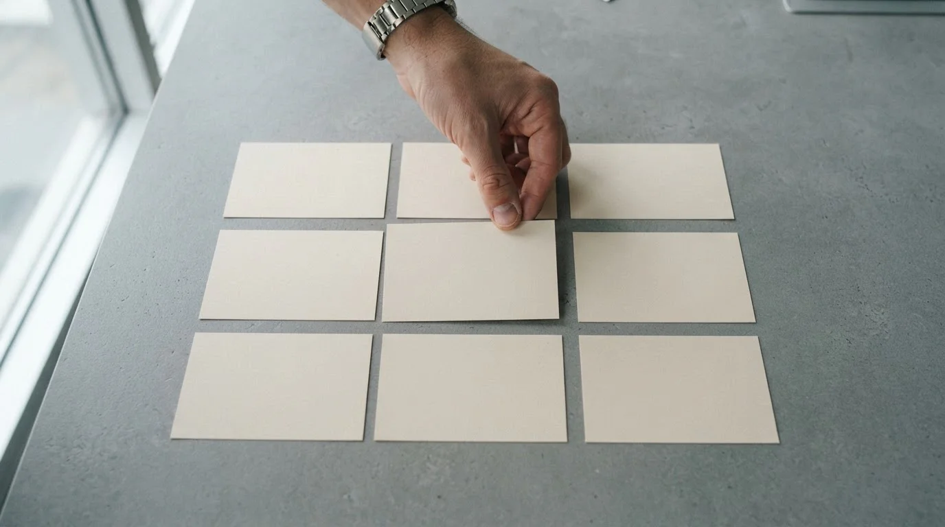 Vista cenital de nueve tarjetas de papel alineadas en una cuadrícula sobre mesa gris