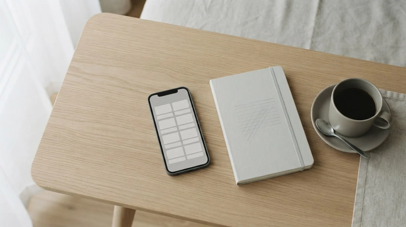 Escritorio con cuaderno y smartphone mostrando una comparativa neutra