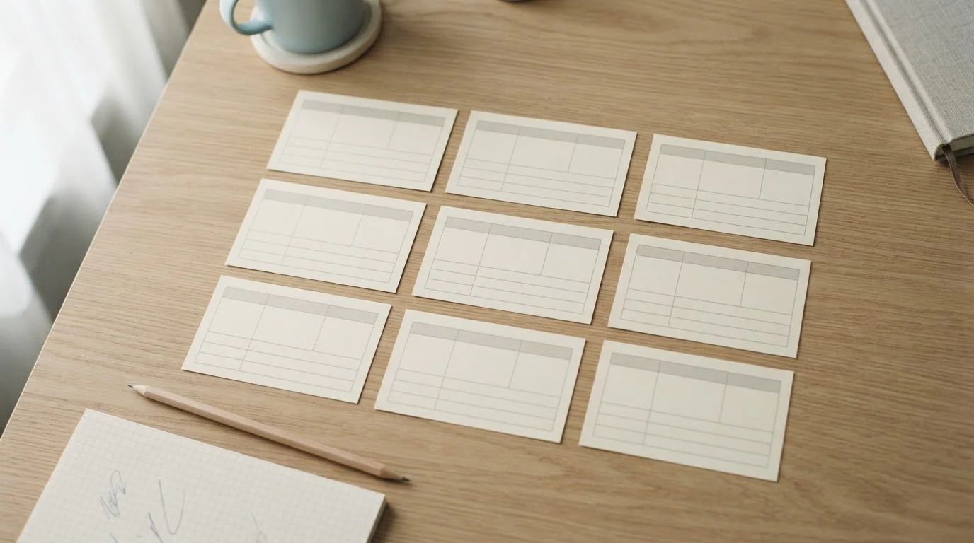 Escritorio con nueve fichas de papel alineadas para comparar operadores