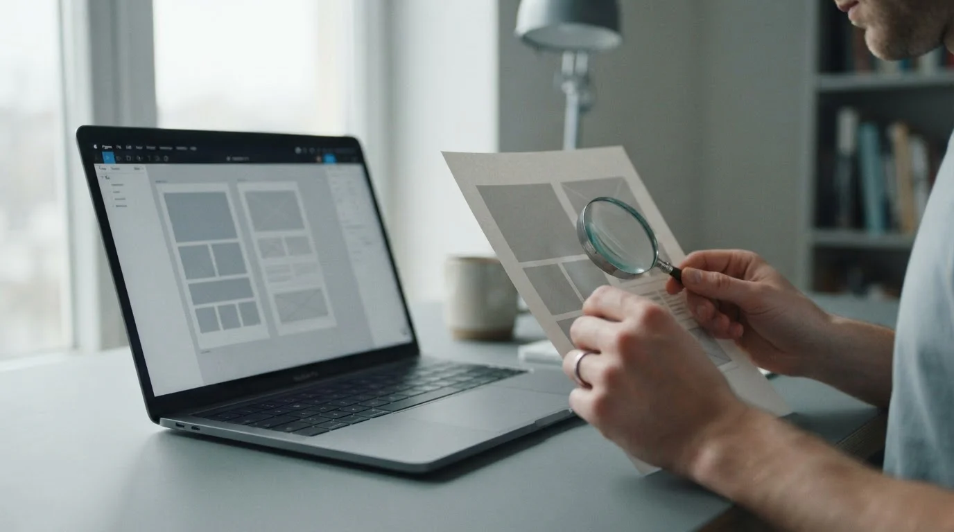 Manos revisando una web en un portátil junto a una lupa sobre notas impresas