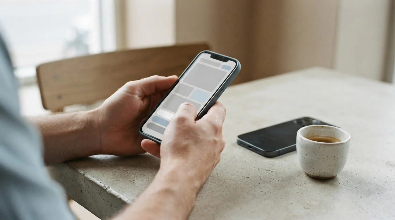 Manos sosteniendo un teléfono con interfaz neutra que representa pagos móviles y apps