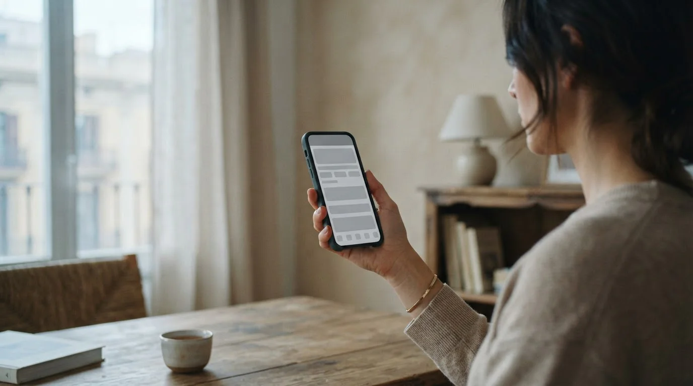 Silueta de una mano sosteniendo un smartphone con pantalla neutra junto a una ventana