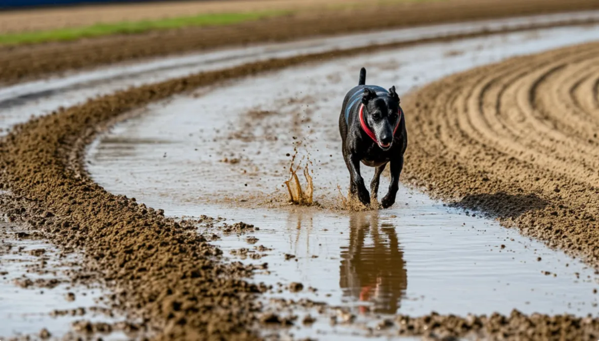 Superficie de pista de galgos con charcos de agua tras la lluvia