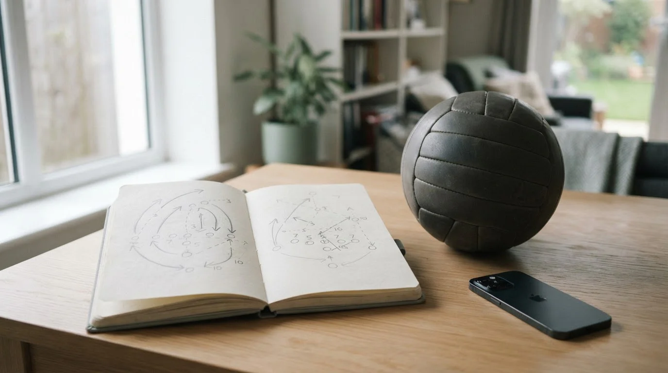 Cuaderno con anotaciones tácticas y balón junto a una ventana