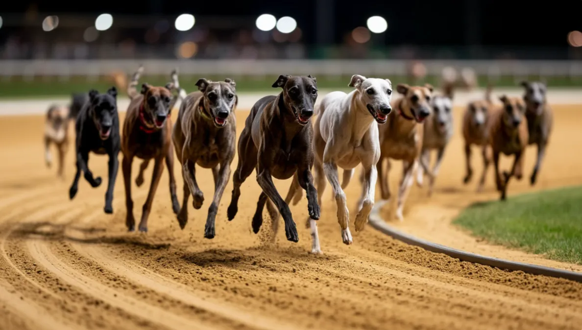 Galgos entrando en la primera curva de una carrera