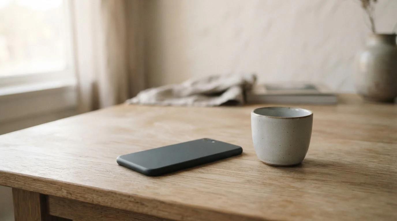 Smartphone apoyado sobre una mesa junto a una taza, luz serena