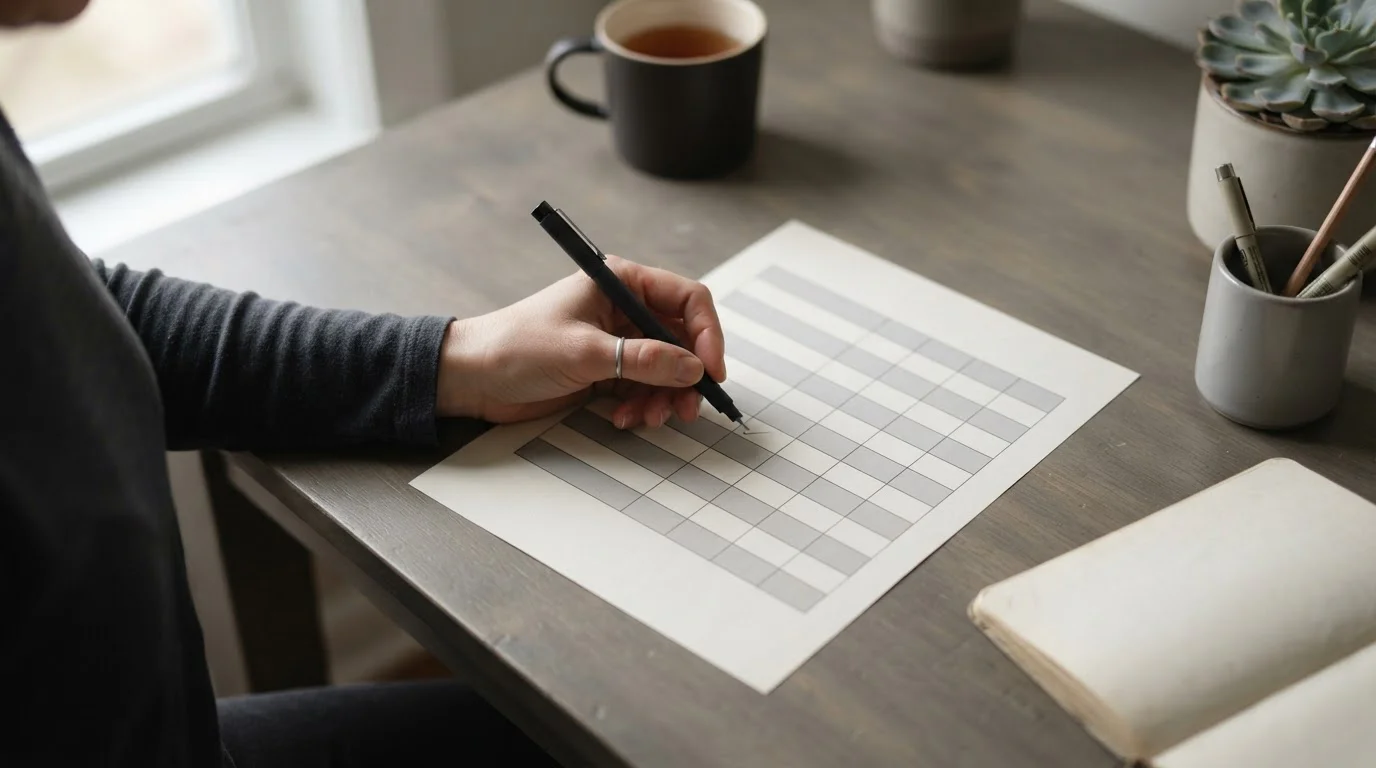 Tabla comparativa neutra con filas anónimas sobre un escritorio de trabajo