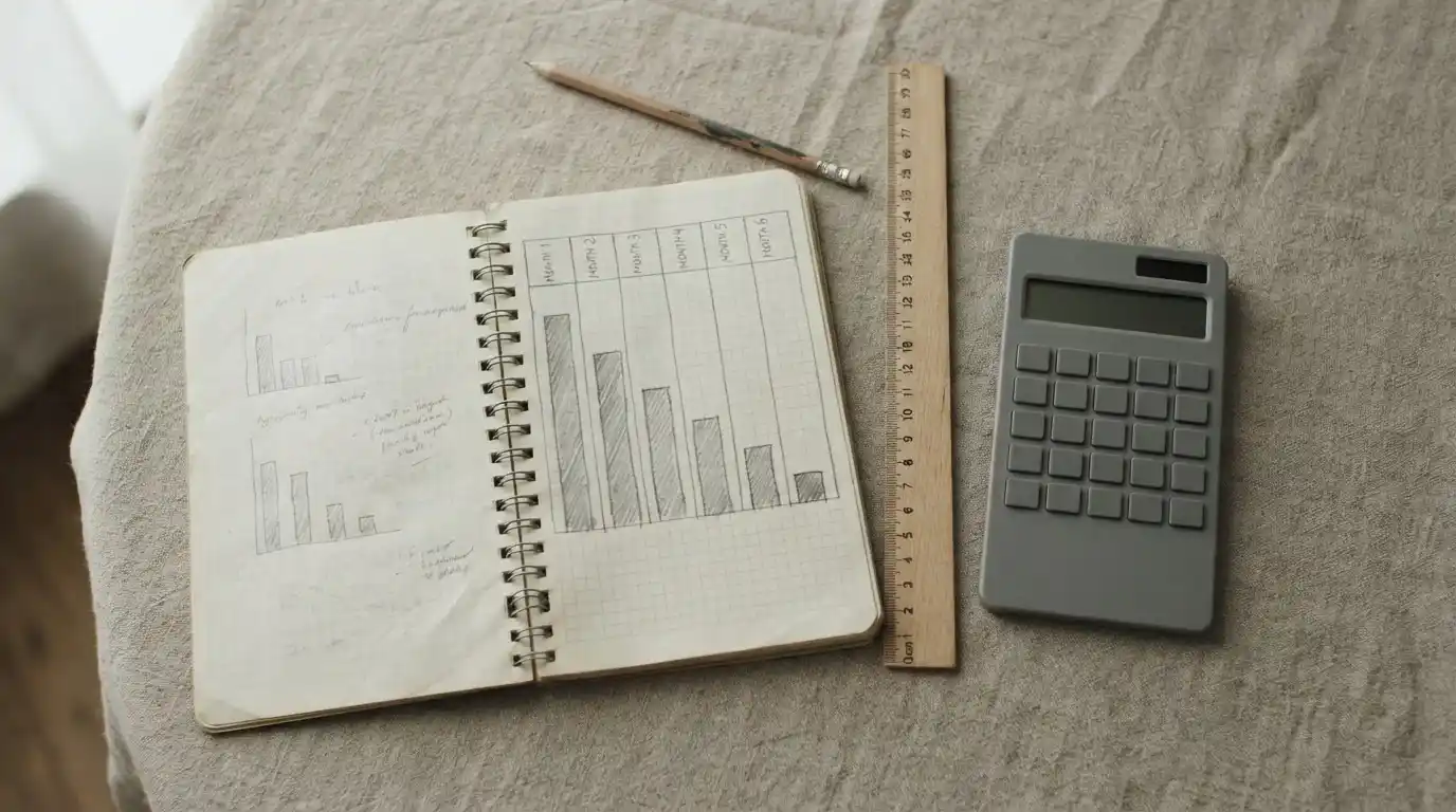Cuaderno con columnas numéricas dibujadas a mano y una calculadora simple al lado