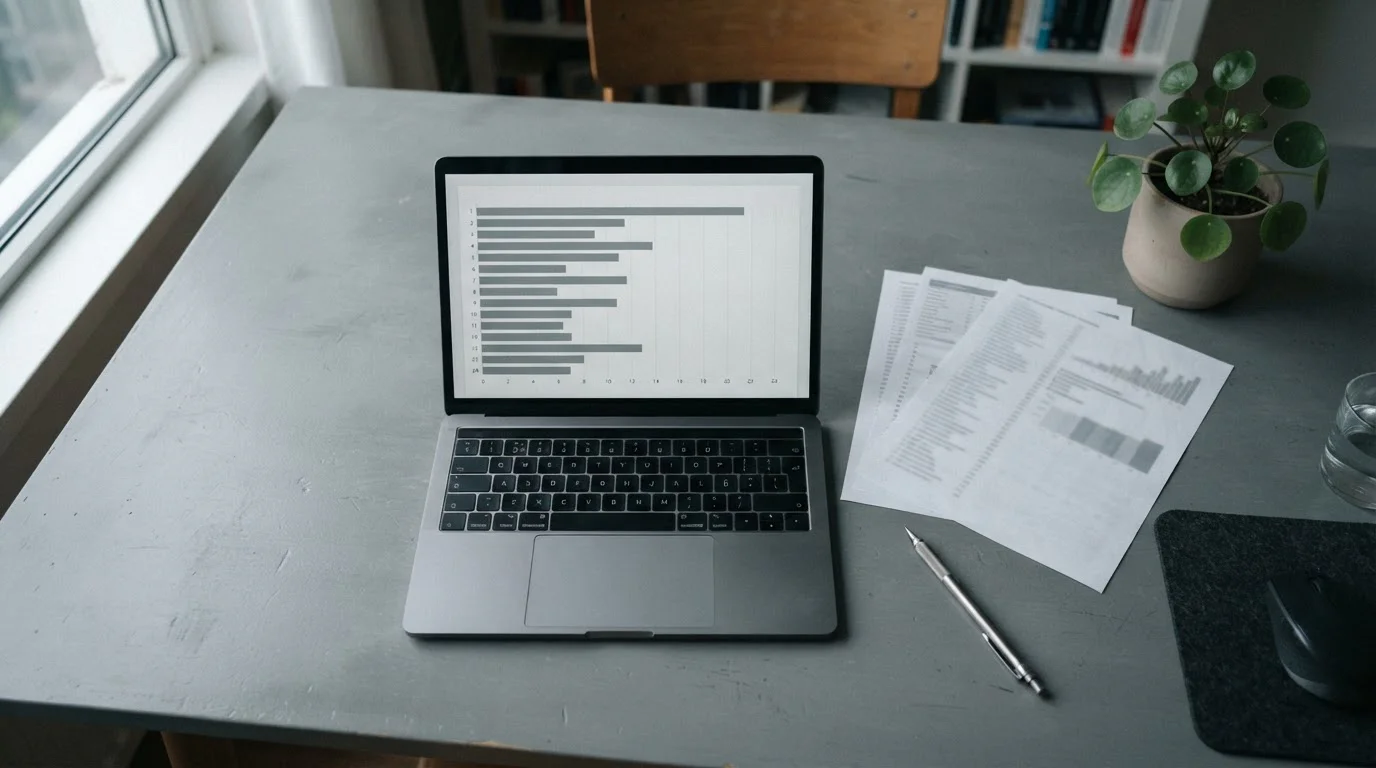 Mesa de análisis con documentos y un portátil mostrando una tabla neutra de operadores