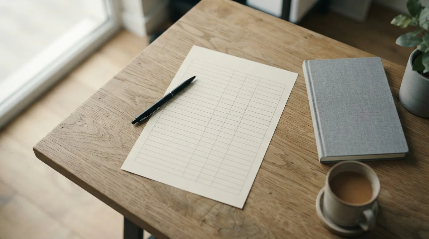 Tabla comparativa impresa con filas anónimas sobre un escritorio