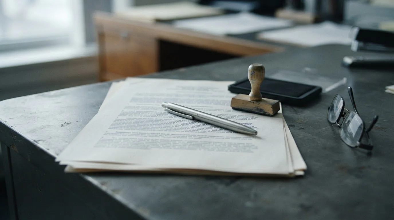 Documento legal impreso sobre una mesa junto a un sello y un bolígrafo