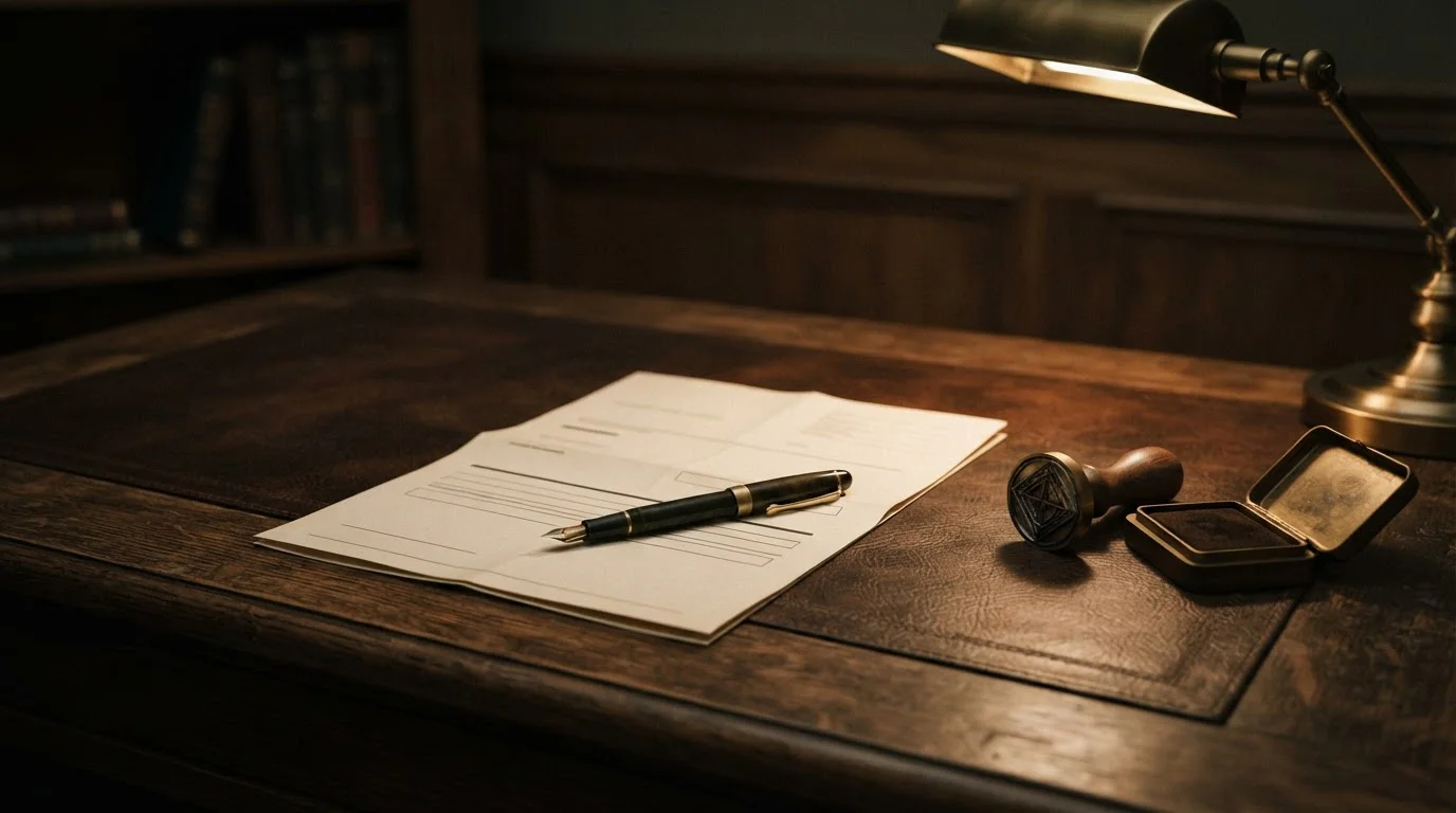 Documento oficial doblado sobre un escritorio junto a un sello y una lámpara de lectura