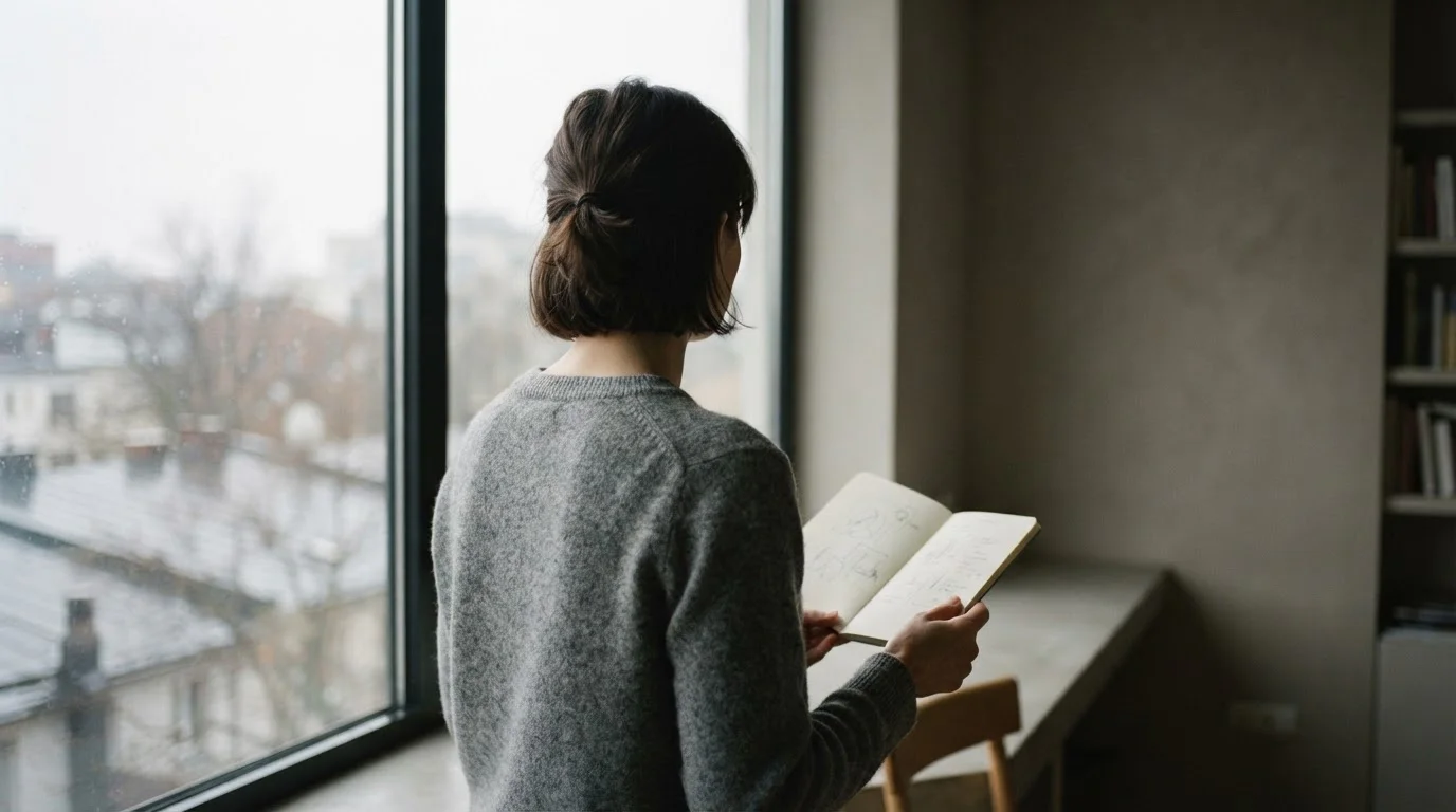Silueta de una persona junto a una ventana mirando un cuaderno con anotaciones