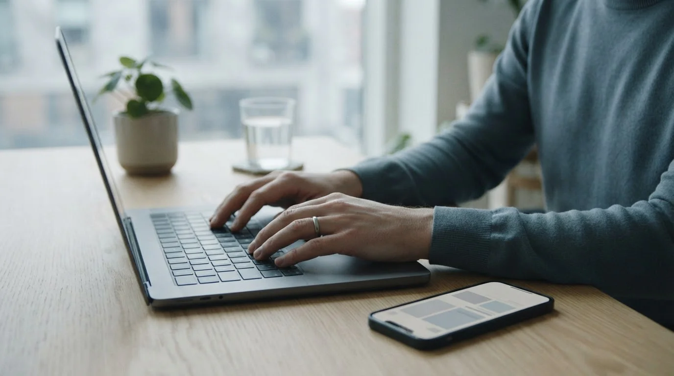 Manos de perfil sobre un teclado junto a un teléfono con pantalla neutra