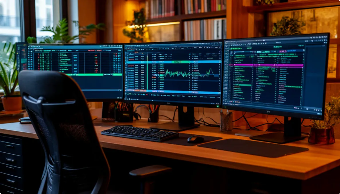 Configuración de escritorio con múltiples monitores mostrando software de trading