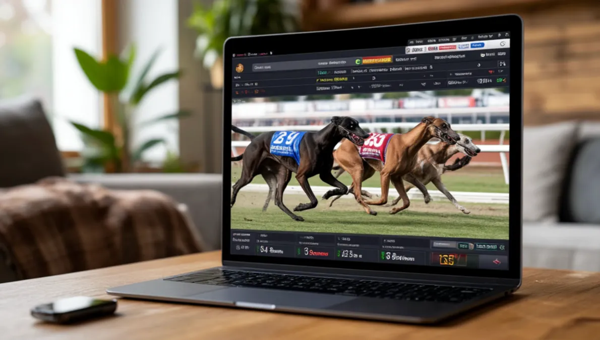 Pantalla mostrando streaming en vivo de una carrera de galgos