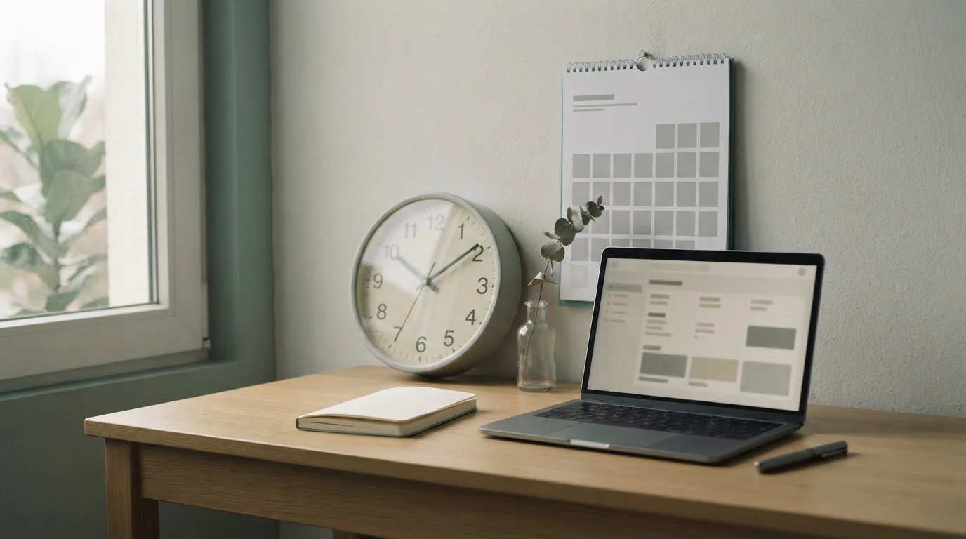 Reloj de pared y calendario sobre escritorio junto a un portátil con panel neutro