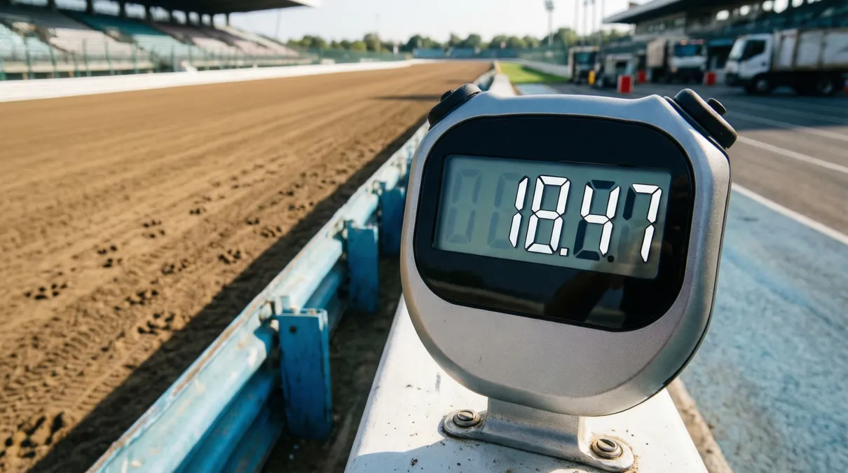 Cronómetro digital junto a una pista de carreras de galgos