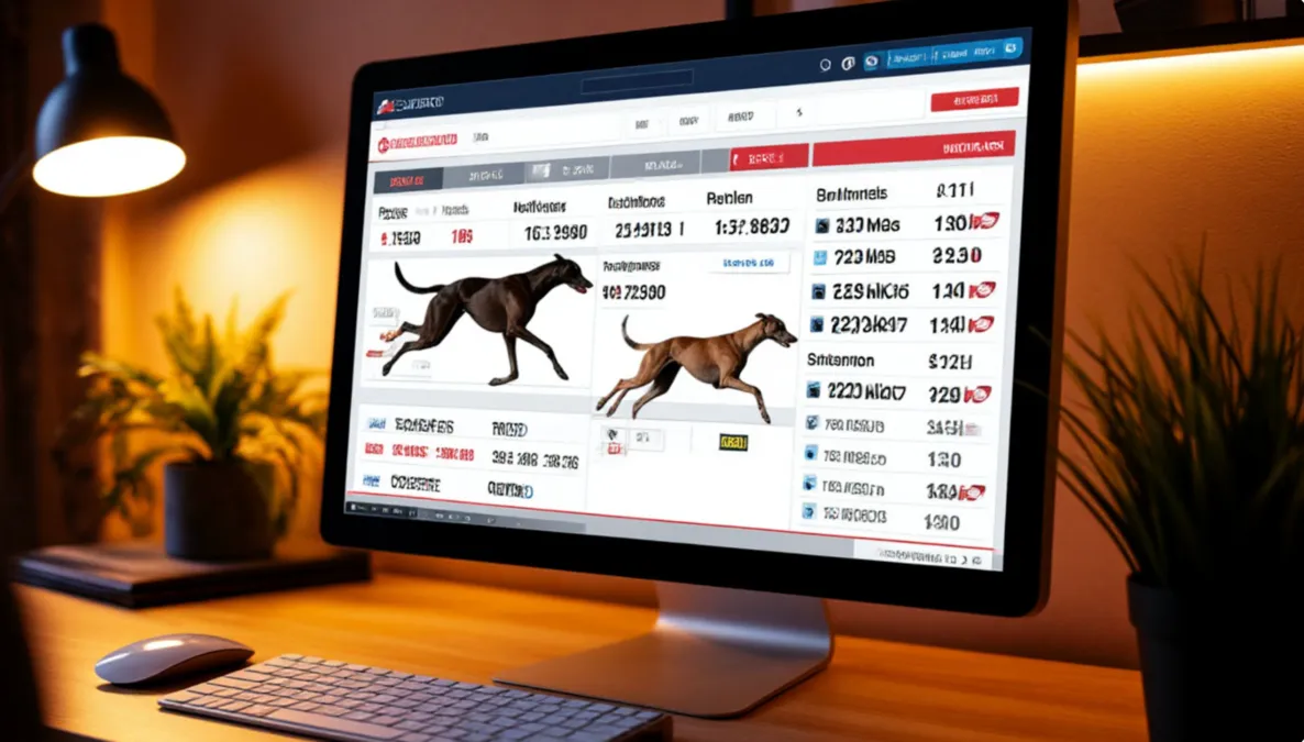 Pantalla de ordenador mostrando una interfaz de apuestas de carreras de galgos