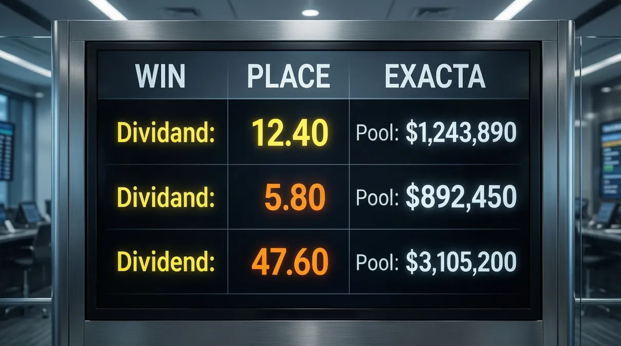 Pantalla digital mostrando dividendos y opciones de apuestas Tote