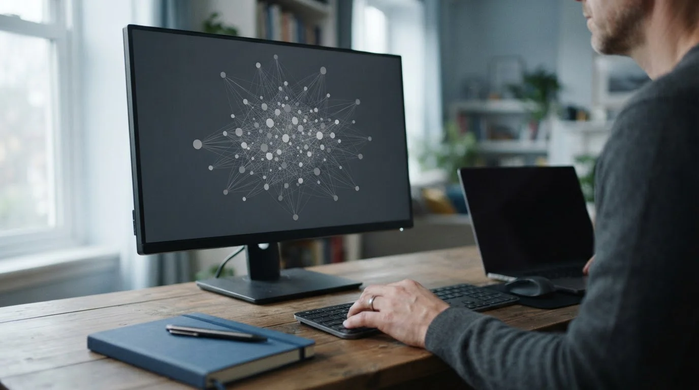 Pantalla con un grafo abstracto de nodos conectados que sugiere una red pública